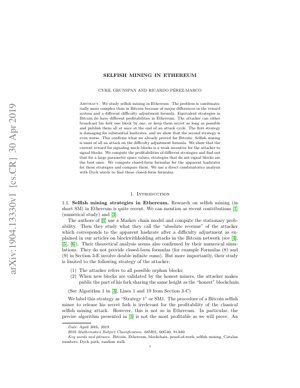 PDF Document Cover - Selfish Mining in Ethereum: Combinatorial Analysis and Strategy Comparison